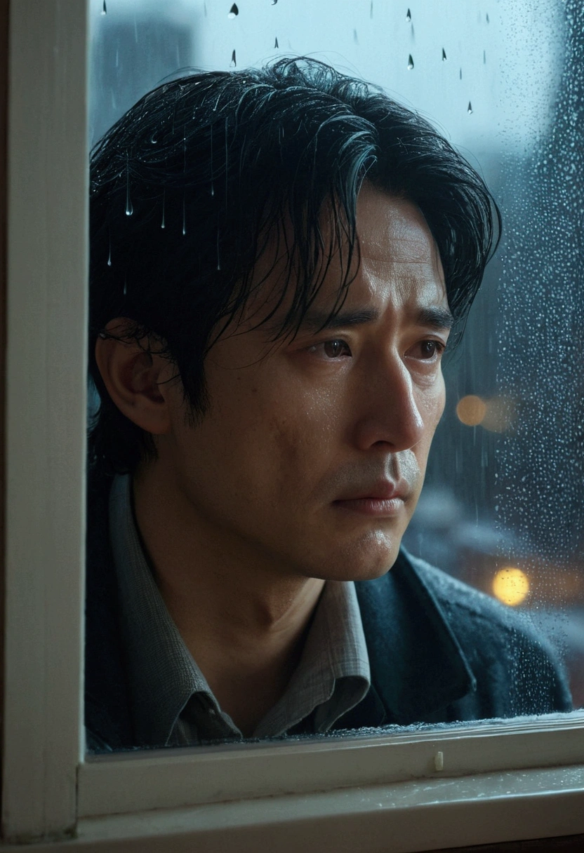 ,masterpiece, best quality,8k, ultra highres,The protagonist sits by the window,Looking out the glass window at the drizzle。The raindrops seem to represent the tears in the protagonist's heart,Scratch a blurry mark on the window。The lights in the room are dim,Shines on the protagonist's face through the window,Reflecting his somber and sad expression。The whole picture reveals a warm and sad atmosphere。
