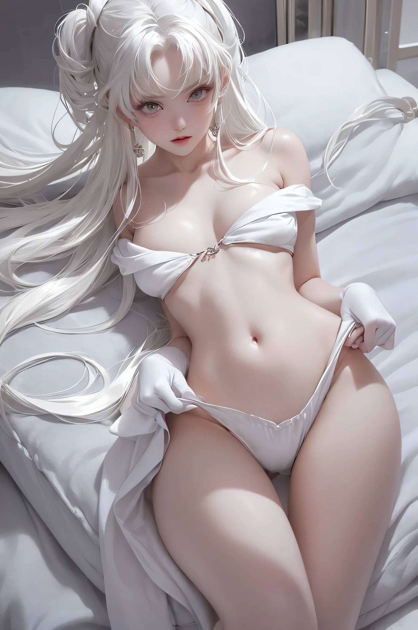 White tones，white colors，Sexy Girl ，from the rear，Turn your face away from the camera，butt to camera，Tummy down，bent down，Lie down，With a  figure，tiny body，slimfigure，slim，teens girl，，whaite hair，White hair，Hair covers the chest，lying back on，White bed，Be undress，big breasts enchanting，seductiv，Open legs，Look up at your head，transparent silk pajamas ，barechested，barechested，thick long hair，Empty space，Pure white space，Highly detailed body，Highly detailed face，best qualtiy