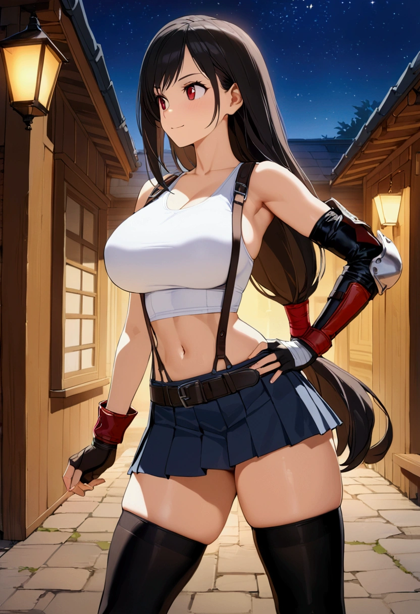 score_9,score_8_up,score_7_up,BREAK source_anime, masterpiece, best quality, (recent), perfect anatomy, very aesthetic,photorealistic, mediumshot,Solo,1girl, tifa lockhart, final fantasy,black hair, low-tied long hair, red eyes, bangs, (white tank top,gap),(High exposure),the ribs,,(belt, pleated skirt, thighhighs, elbow fingerless gloves, elbow pads, midriff, navel,suspenders.skirt),beautiful waist ,(large_breast:1.3),light smile,,,outdoor,star sky,night, hands on own hip,skin tight, looking away, depth of field、beautifully lit,great lighting