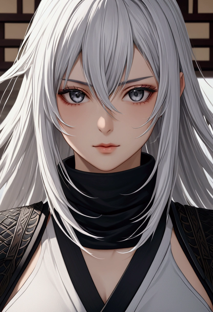 Long white hair , grey eyes, fair skin,shinobi fit,detailed hair, detailed eyes,detailed body,medium shot, best quality, high resolution, 8k