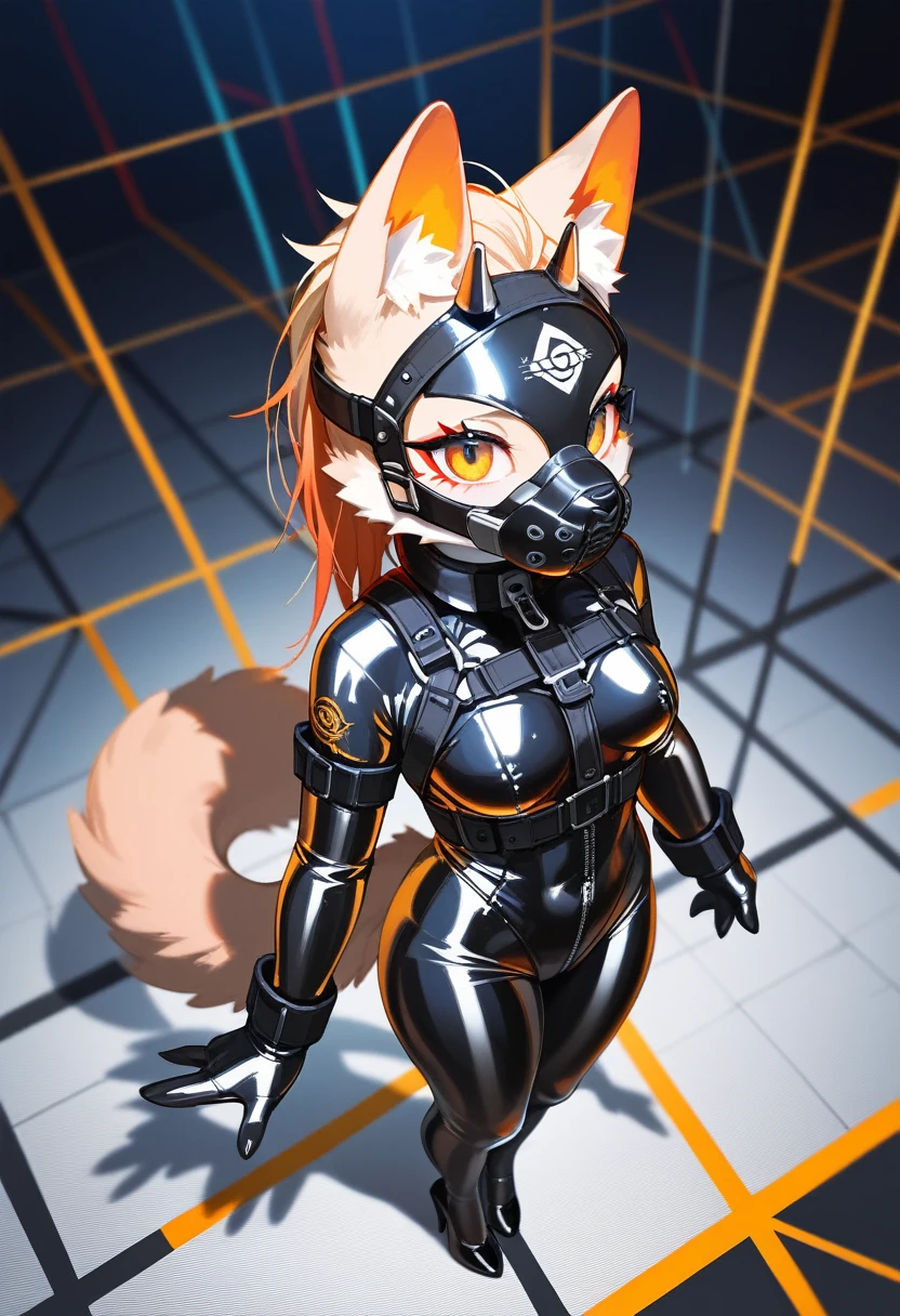 Highest quality, Highest quality, High quality illustrations, masterpiece, Ultra-high resolution, Detailed Background, Cyber City, Absurd, Perfect Anatomy, performance, Good lighting, Shadows in the movies(kemono, Furry PersonifiCation), Furry, Cat, Rubber Suit, neon, neonカラー, cyber punk, Tattoo, High heels, Full Head Mask, The head is covered in rubber, Rubber Head, Harness, From above