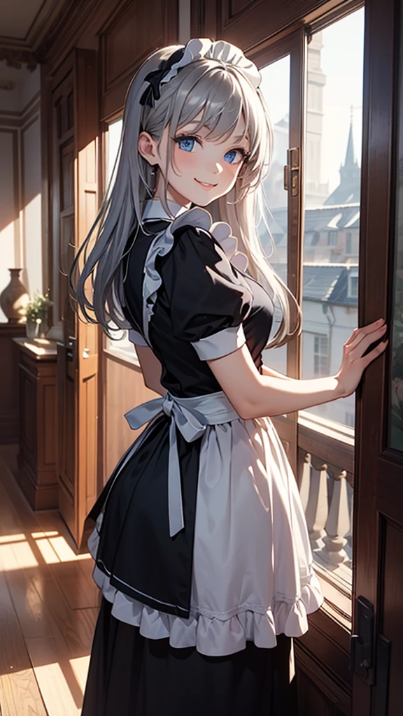 Masterpiece, 8K, high detail, very beautiful woman, silver hair, long hair, blue eyes, smiling, maid style, in a gorgeous western style mansion, looking back