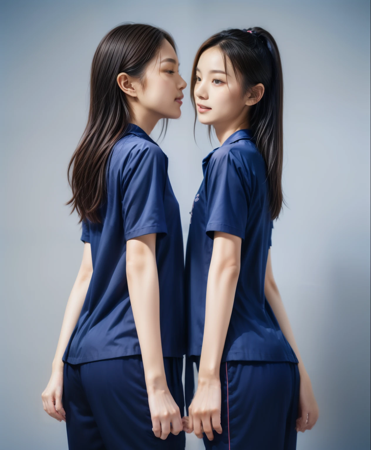 (best quality,10,10,height,Masterpiece:1.2),Special details,(realistic,ภาพrealistic,Realistic photos:1.37),1 Cute girl in the kitchen,shiny, ผิวshiny,only,smile softly,BDclothelue shirt:1.3)),short sleeve,shirt, กางเกงขาlong.,(navy_long_track pants:1.1), ((Kitchen Background)),Dynamic angle,excited,Face focus,dynamic poses,from behind,focus on ass,Masterpiece, best quality, ultra realistic, hyper detail, 8k resolution, raw photos, Sharp focus, ((Navy blue shirt:1.1)), short sleeve, เส้นทางlong, perfect body, 2 mature women, 18 years old, Cinema-grade lighting system,blue sweatpants,shirtผ้าออกกำลังกาย,correct anatomy,perfect body, correct body, Sharp face, correct bodyทางกายวิภาค, full body, realistic gestures, long-haired, realistic poses,Wear long shorts...........................,ช่วงขาlong,Good shape,carved girl, Slender figure, model, Good shape, beautiful body,blue sweatpants, two girls kissing