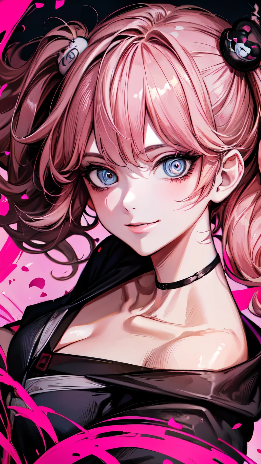 [nsfw:1.5], Junko Enoshima, (absurdres:1.5), (anatomically correct), (Oskar Kokoschka style:1.4), (abstract expressionism art:1.4), (photo once in 1000 years), (masterpiece), (highest quality), (super detailed), (floating), (detailed light), (portrait:1.5), long blonde twin tails, one girl, alone, (ultimate detailed and beautiful blue spiral eyes:1.5), (catchlight:1.5),deep cleavage, clavicle, mega breasts, bangs, smile, (looking at viewer:1.5), (high angle:1.5), bear hair ornament, nail polish, red nails, red bow, black shirt, underwear, choker, black bra, rolled up sleeves, white tie, red plaid pleated skirt, shiny, shiny hair, (pink rouge), (lots of sychedelic petals through the air:1.5), shiny skins