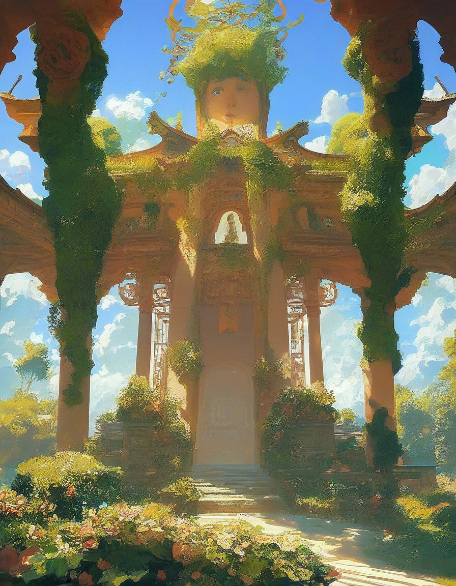 beautifull, big garden, in middle beautifull temple with indian architectural design, big tree on left and right of the temple, cloudes in the sky, day, line art, manga art.
