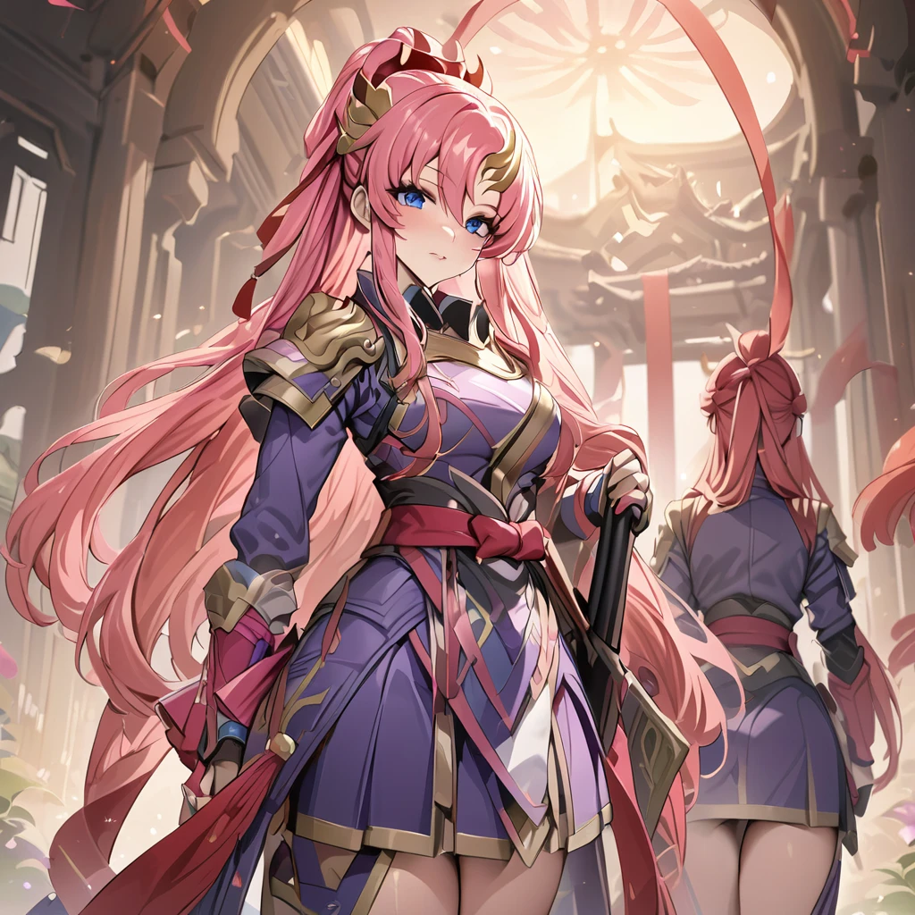 ((Highest quality)), ((masterpiece)), (detailed), (Perfect Face)、The female ancient Chinese warrior is Lacus Clyne, with blue eyes, pink medium-long hair, and is wearing gorgeous ancient Chinese warrior gear and a gorgeous headdress.、There were female military commanders in the palaces of ancient China