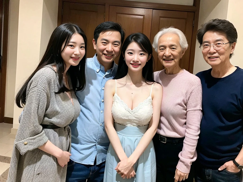 (A young and beautiful Korean female president takes a family photo with her grandparents and parents:1.3)(Grinning expression:1.2)(20-year-old:1.3)(Huge , There is cleavage in the chest:1.2),(Sweating profusely)(Huge boobs)(Elegant, shiny, long black hair:1.2))(8k, RAW Photos, Highest quality, masterpiece: 1.2),High-resolution RAW color photos, Professional photos, Very detailed and beautiful,(she&#39;She&#39;s very skinny but has big breasts:1.4), Small face:1.Perfect anatomical figure、(NSFW:1.2)(Huge breasts that make your clothes burst: 0.9) (Huge胸 :1.4)(Classy makeup,eyeliner/eye shadow,lipstick,Fair skin,Beautiful Skin)(Full body photo:1.1)(Shiny Hair:1.3)(lipstick:1.2)(Too big earrings:1.2)(Beautiful female college student:1.2)(Sexy Korean Woman:1.2)(sister:1.1))(Family group photo:1.3)(Family press conference:1.2)See-through sleeveless frills,Extra large dining room