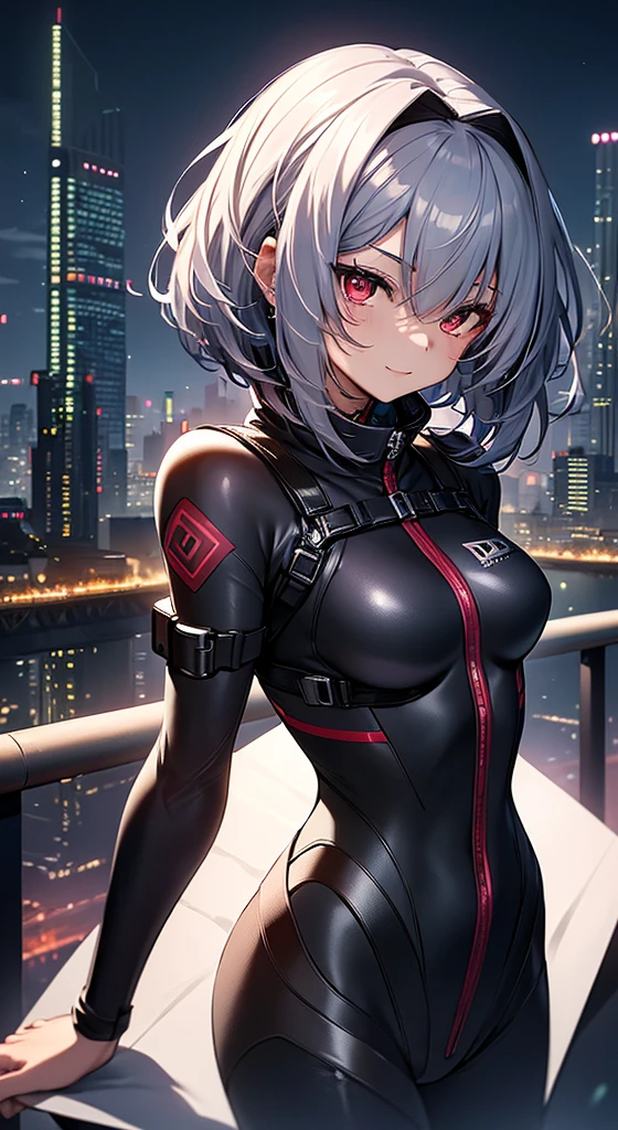 top-quality、Top image quality、in 8K,4K,​masterpiece、、ultra-detailliert、Beautiful、ultra-quality、adult-like、Cool、girl with(((18year old、rubbersuit:1.2、、silber hair、a short bob、Red Eyes、erotick:1.1、Happiness、The tattoo)))、hiquality、visualart、Background with((nightcity:1.2))、masutepiece