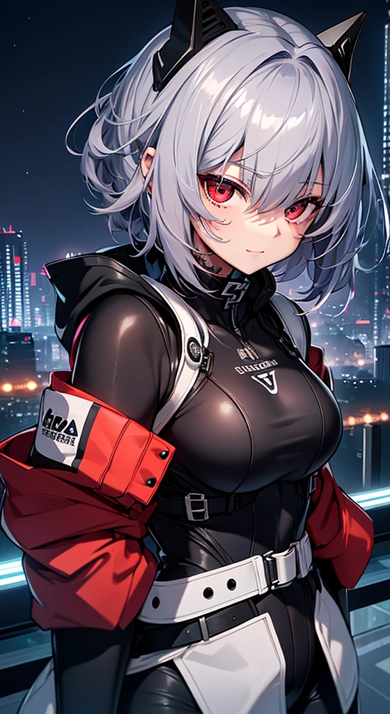 top-quality、Top image quality、in 8K,4K,​masterpiece、、ultra-detailliert、Beautiful、ultra-quality、adult-like、Cool、girl with(((18year old、rubbersuit:1.2、、silber hair、a short bob、Red Eyes、erotick:1.1、Happiness、The tattoo)))、hiquality、visualart、Background with((nightcity:1.2))、masutepiece