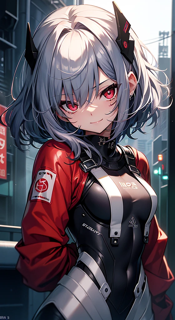 top-quality、Top image quality、in 8K,4K,masterpiece、、ultra-detailliert、Beautiful、ultra-quality、adult-like、Cool、girl with(((18year old、rubbersuit:1.2、、silber hair、a short bob、Red Eyes、erotick:1.1、Happiness、The tattoo)))、hiquality、visualart、Background with((nightcity:1.2))、masutepiece