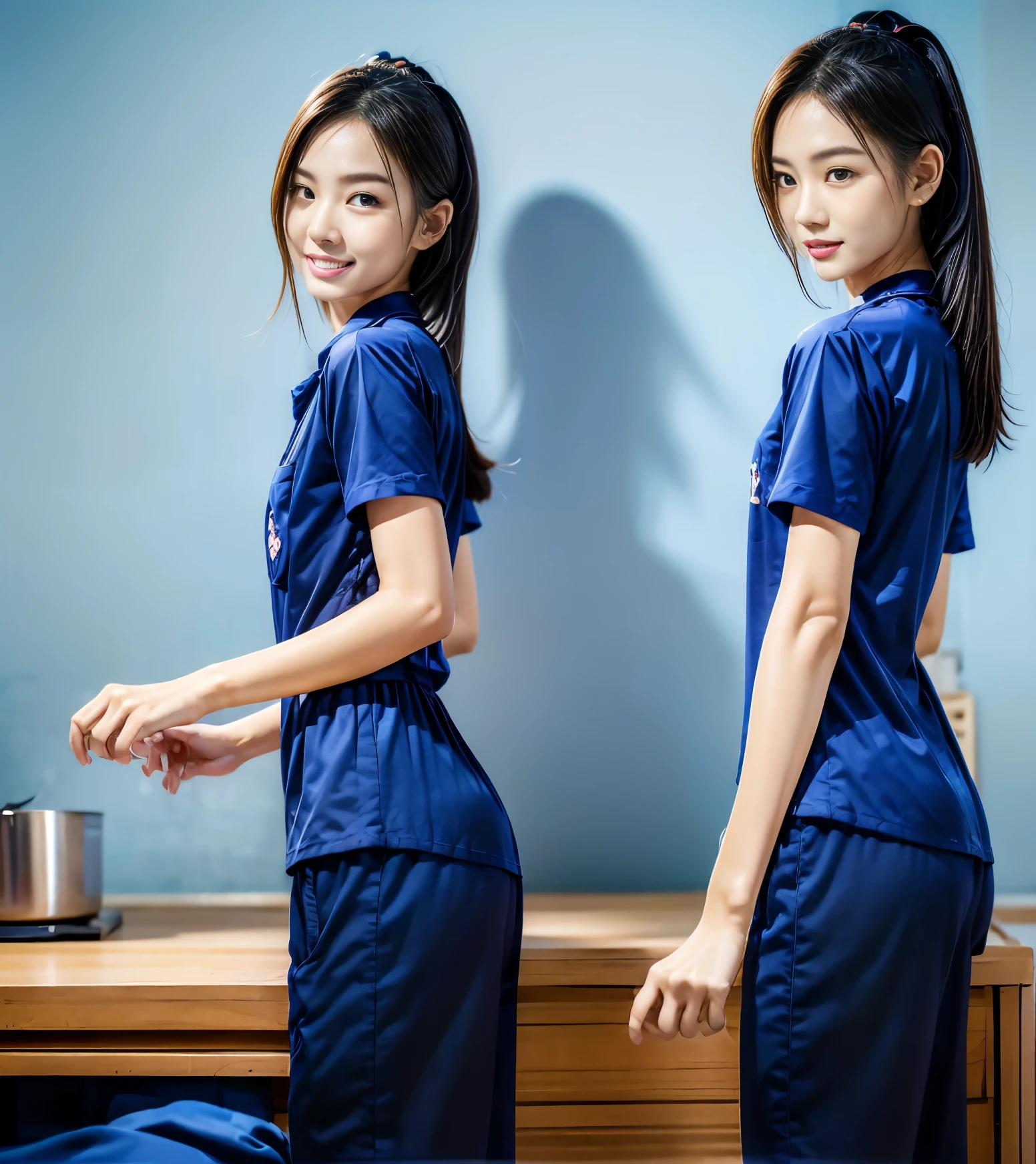 (best quality,10,10,height,Masterpiece:1.2),Special details,(realistic,ภาพrealistic,Realistic photos:1.37),1 Cute girl in the kitchen,shiny, ผิวshiny,only,smile softly,BDclothelue shirt:1.3)),short sleeve,shirt, กางเกงขาlong.,(navy_long_track pants:1.1), ((Kitchen Background)),Dynamic angle,excited,Face focus,dynamic poses,from behind,focus on ass,Masterpiece, best quality, ultra realistic, hyper detail, 8k resolution, raw photos, Sharp focus, ((Navy blue shirt:1.1)), short sleeve, เส้นทางlong, perfect body, 2 mature women, 18 years old, Cinema-grade lighting system,blue sweatpants,shirtผ้าออกกำลังกาย,correct anatomy,perfect body, correct body, Sharp face, correct bodyทางกายวิภาค, full body, realistic gestures, long-haired, realistic poses,Wear long shorts...........................,ช่วงขาlong,Good shape,carved girl, Slender figure, model, Good shape, beautiful body,blue sweatpants, two girls kissing