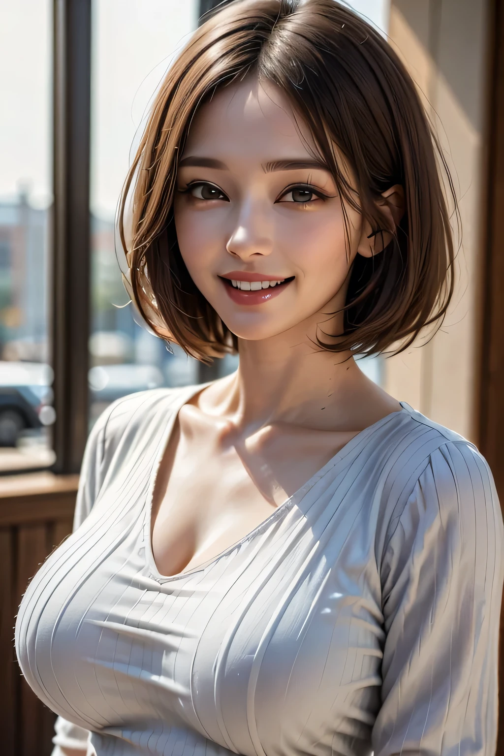 1 Female、40 years、Ultra detailed face、Detailed lips、Detailed eyes、double eyelid, (Medium Short Hair、Huge breasts:1.5)、Summer Sweaters:1.1, ((Highest quality、8k、Photorealistic, masterpiece:1.3))
