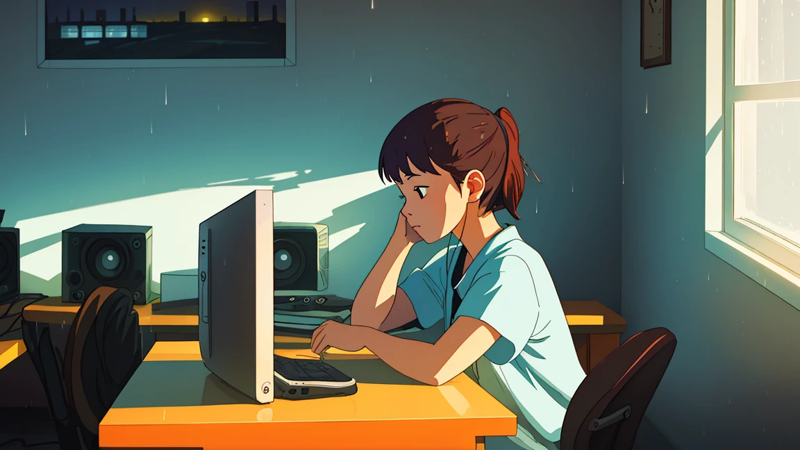 a girl in lofi style at a table with a computer facing a window studying, it's raining, It's 5 o'clock in the morning, a mug of coffee next to the computer, she is wearing warm clothes in cold weather, socks and cold cap, a cute cat next to her while she studies, relaxing environment , yellow lights, calm and great environment for studying, calm and peaceful rain, lofi girl style, night ligthning, tons of cores with twilight, do Studio Ghibli