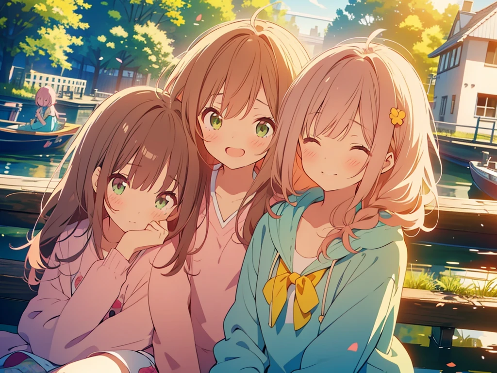 kawaii, anime, Cute, hyper quality, highly detailed, 8k, Clarity, Draw facial expressions in detail, A girl with short light pink hair closes her eyes and cries, A girl with long dark brown hair and green eyes smiles., Height difference, Dutch canal town, Expanding composition, highlight on eyes, sunny, evening, sit on a bench, lean back, draw two people, hoodie, Pose with movement, pat on the head, cling, touch your head, put your hands on your head, cry in my chest, comfort, Okay, okay,