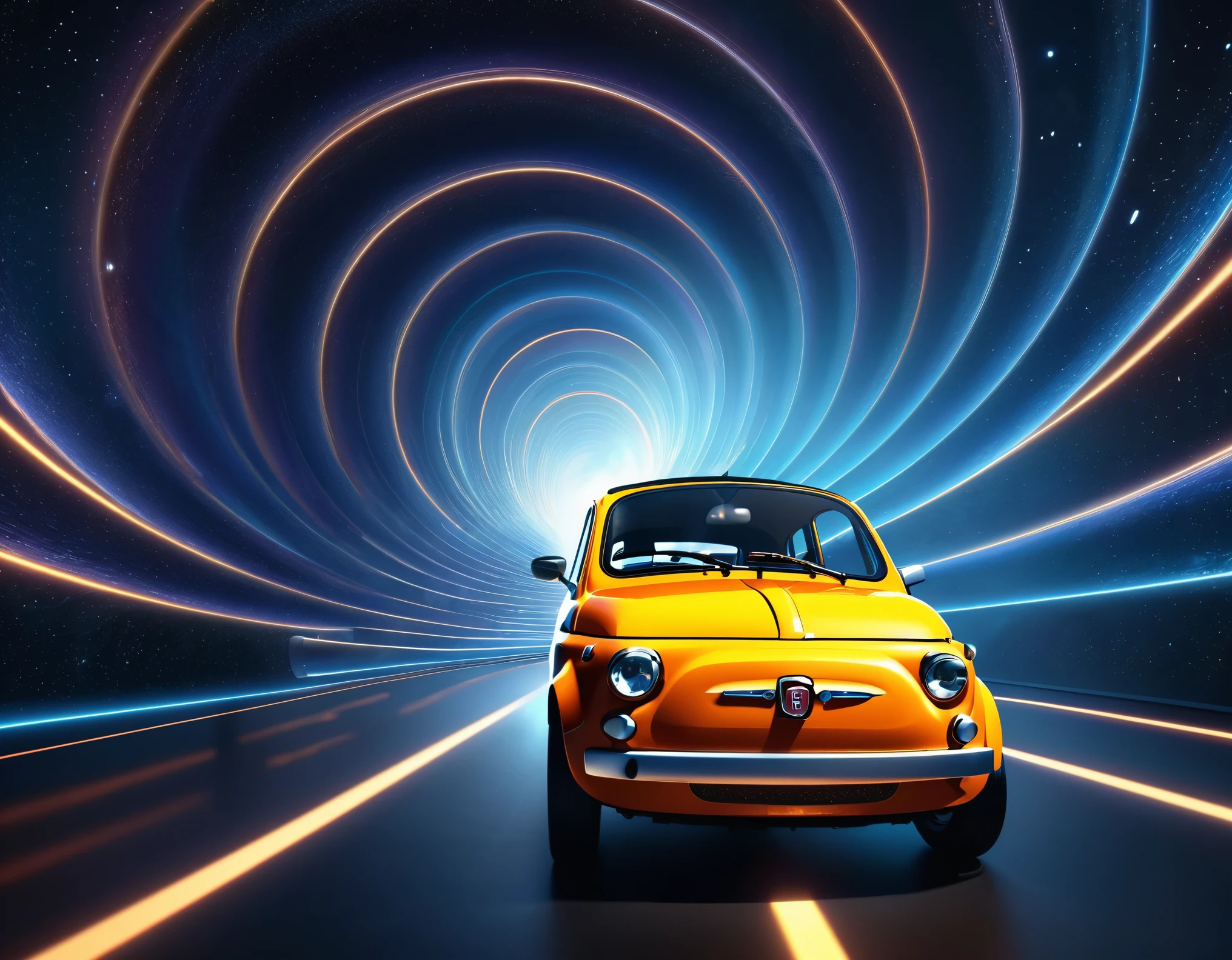 masterpiece,Highest quality,(Ultra Detailed CG Unity 8k Wallpaper),(Highest quality),(Best illustrations),(Best Shadow),Physical Rendering,Realistic lighting,Beautiful sparkle,A time machine made from a Fiat 500,(Cut through space-time at breakneck speed and transcend time:1.6),(Depicting a sense of speed:1.6),(The background depicts the effect of crossing time and space.:1.6),(dynamic)