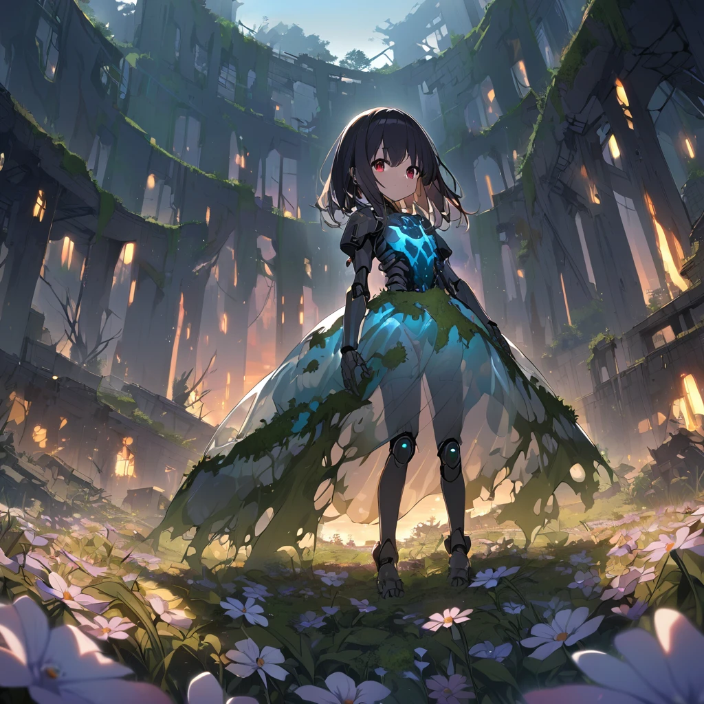 1girl, black hair, red eyes, skeleton body, Translucent dress、Bones visible, forest, moss on body、blue robot joints、Twilight、Ruins, Suzuran flower field, high-resolution image