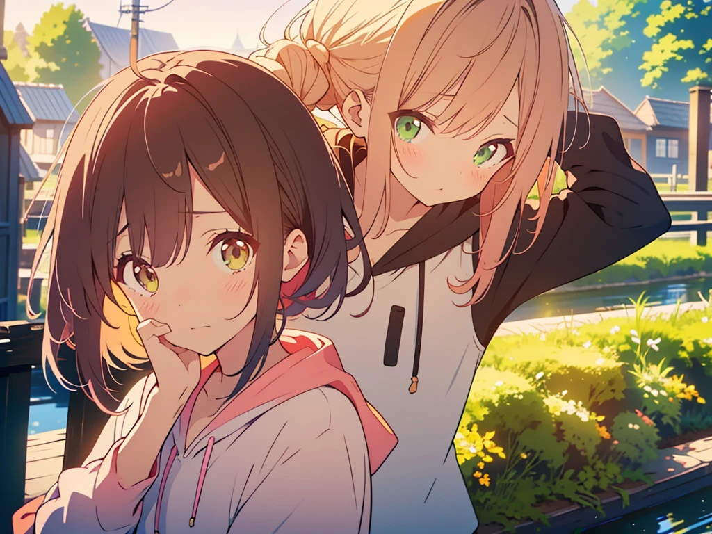 kawaii, anime, Cute, hyper quality, highly detailed, 8k, Clarity, Draw facial expressions in detail, A girl with short light pink hair closes her eyes and cries, A girl with long dark brown hair and green eyes smiles., Height difference, Dutch canal town, Expanding composition, highlight on eyes, sunny, evening, sit on a bench, lean back, draw two people, hoodie, Pose with movement, pat on the head, cling, touch the top of the head, put your hands on your head, cry in my chest, comfort, Okay, okay,