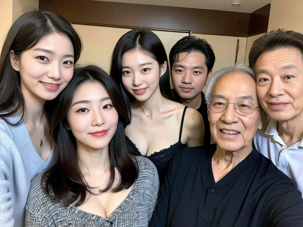 (A young and beautiful Korean female president takes a family photo with her grandparents and parents:1.3)(Grinning expression:1.2)(20-year-old:1.3)(Huge , There is cleavage in the chest:1.2),(Sweating profusely)(Huge boobs)(Elegant, shiny, long black hair:1.2))(8k, RAW Photos, Highest quality, masterpiece: 1.2),High-resolution RAW color photos, Professional photos, Very detailed and beautiful,(she&#39;She&#39;s very skinny but has big breasts:1.4), Small face:1.Perfect anatomical figure、(NSFW:1.2)(Huge breasts that make your clothes burst: 0.9) (Huge胸 :1.4)(Classy makeup,eyeliner/eye shadow,lipstick,Fair skin,Beautiful Skin)(Full body photo:1.1)(Shiny Hair:1.3)(lipstick:1.2)(Too big earrings:1.2)(Beautiful female college student:1.2)(Sexy Korean Woman:1.2)(sister:1.1))(Family group photo:1.3)(Family press conference:1.2)See-through sleeveless frills,Extra large dining room