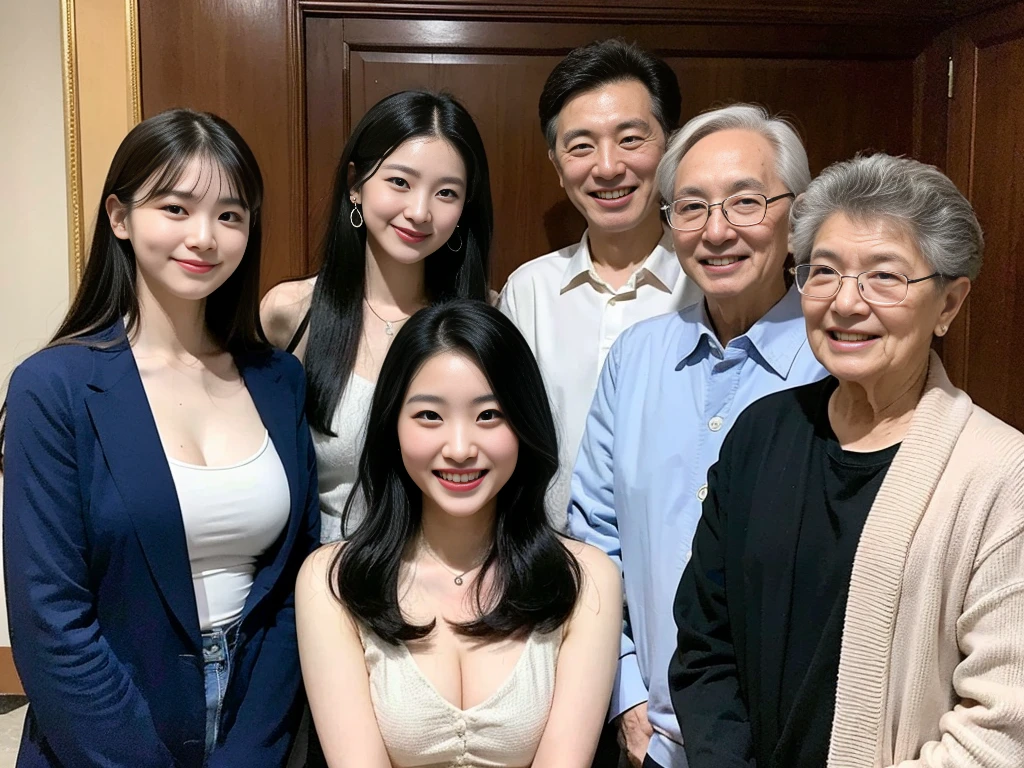 (A young and beautiful Korean female president takes a family photo with her grandparents and parents:1.3)(Grinning expression:1.2)(20-year-old:1.3)(Huge , There is cleavage in the chest:1.2),(Sweating profusely)(Huge boobs)(Elegant, shiny, long black hair:1.2))(8k, RAW Photos, Highest quality, masterpiece: 1.2),High-resolution RAW color photos, Professional photos, Very detailed and beautiful,(she&#39;She&#39;s very skinny but has big breasts:1.4), Small face:1.Perfect anatomical figure、(NSFW:1.2)(Huge breasts that make your clothes burst: 0.9) (Huge胸 :1.4)(Classy makeup,eyeliner/eye shadow,lipstick,Fair skin,Beautiful Skin)(Full body photo:1.1)(Shiny Hair:1.3)(lipstick:1.2)(Too big earrings:1.2)(Beautiful female college student:1.2)(Sexy Korean Woman:1.2)(sister:1.1))(Family group photo:1.3)(Family press conference:1.2)See-through sleeveless frills,Extra large dining room