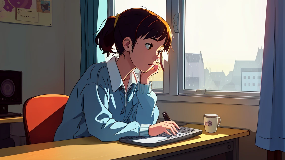 a girl in lofi style at a table with a computer facing a window studying, it's raining, It's 5 o'clock in the morning, a mug of coffee next to the computer, she is wearing warm clothes in cold weather, socks and cold cap, a cute cat next to her while she studies, relaxing environment , yellow lights, calm and great environment for studying, calm and peaceful rain, lofi girl style, night ligthning, tons of cores with twilight, do Studio Ghibli