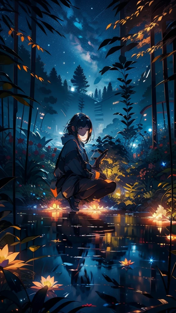 Master Parts, nice, landscape, (((no_Humanos))), night, flower, garden, Starry Sky, constellation, amazing, Overlooking, water, warm, comfortable, peaceful, meteor, Cosmic, magic, magic, details, fair, ((fire Fly))