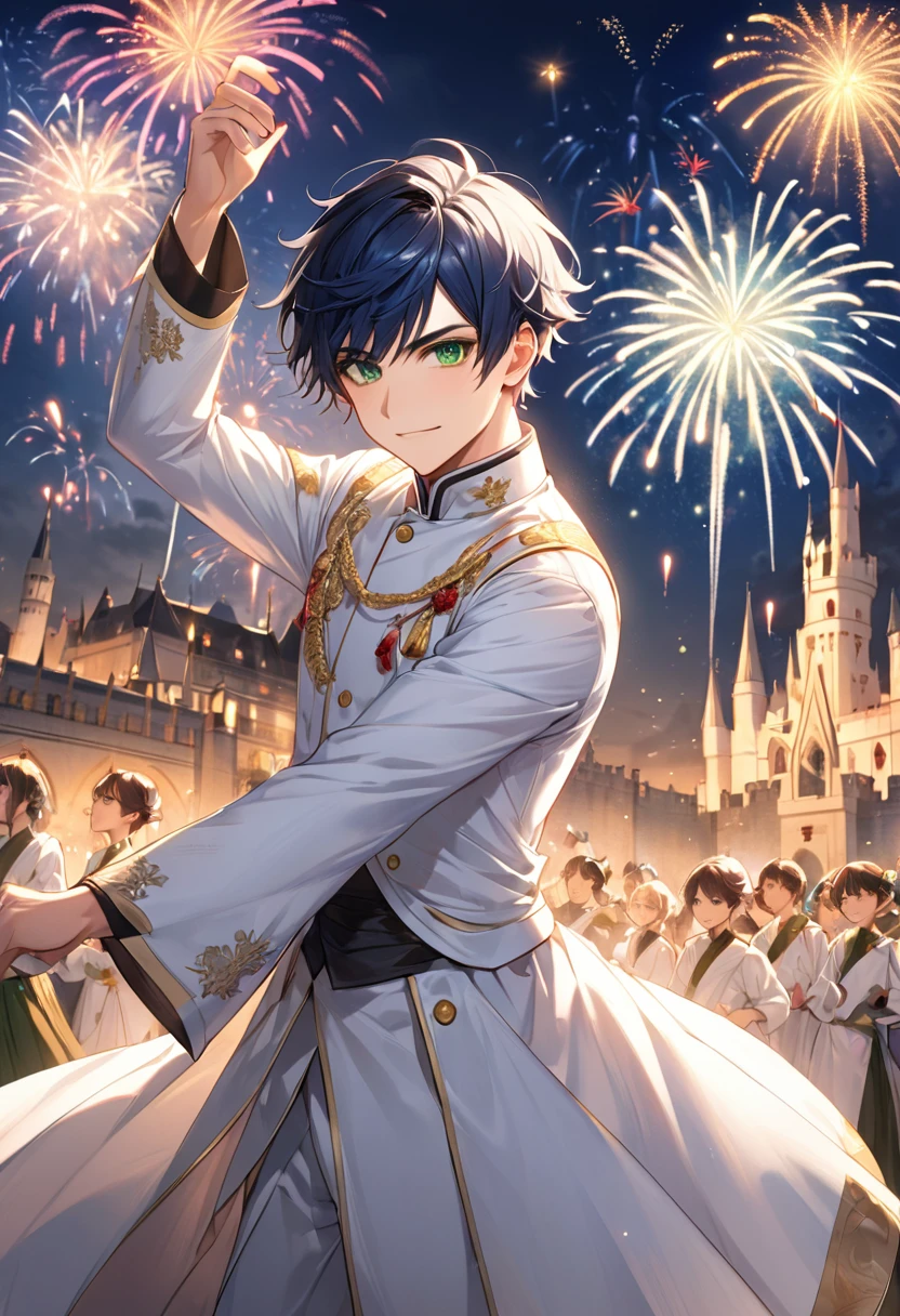 1 male Bangs parted almost in the middle Dark blue hair and eyebrows Green Eyes White ceremonial clothing Dance Castle firework