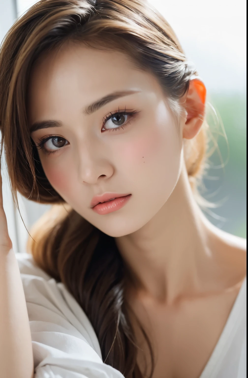 ((Highest quality, 8k, masterpiece :1.3)), One girl, Very fine skin、Dynamic Lighting、Close-up of face、Beautiful woman with slim abdominal muscles :1.3, (Random Hairstyles, Huge breasts :1.2), Casual clothing :1.2 Highly Detailed Faces, Fine grain, double eyelid、Japanese women