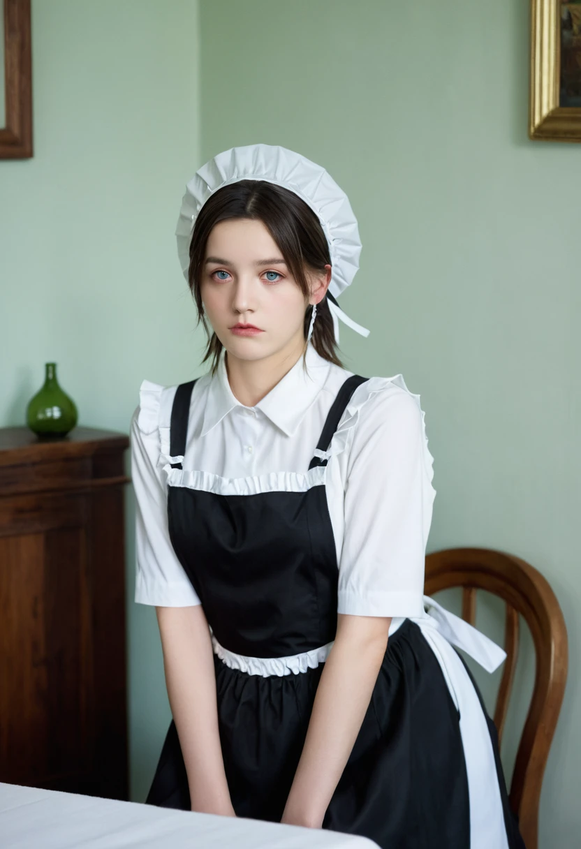 best quality, masterpiece, Franziska vkarma, Solitary, 1 Girl,,Awkward, maid headdress, maid apron, maid, For the audience, annoyed,