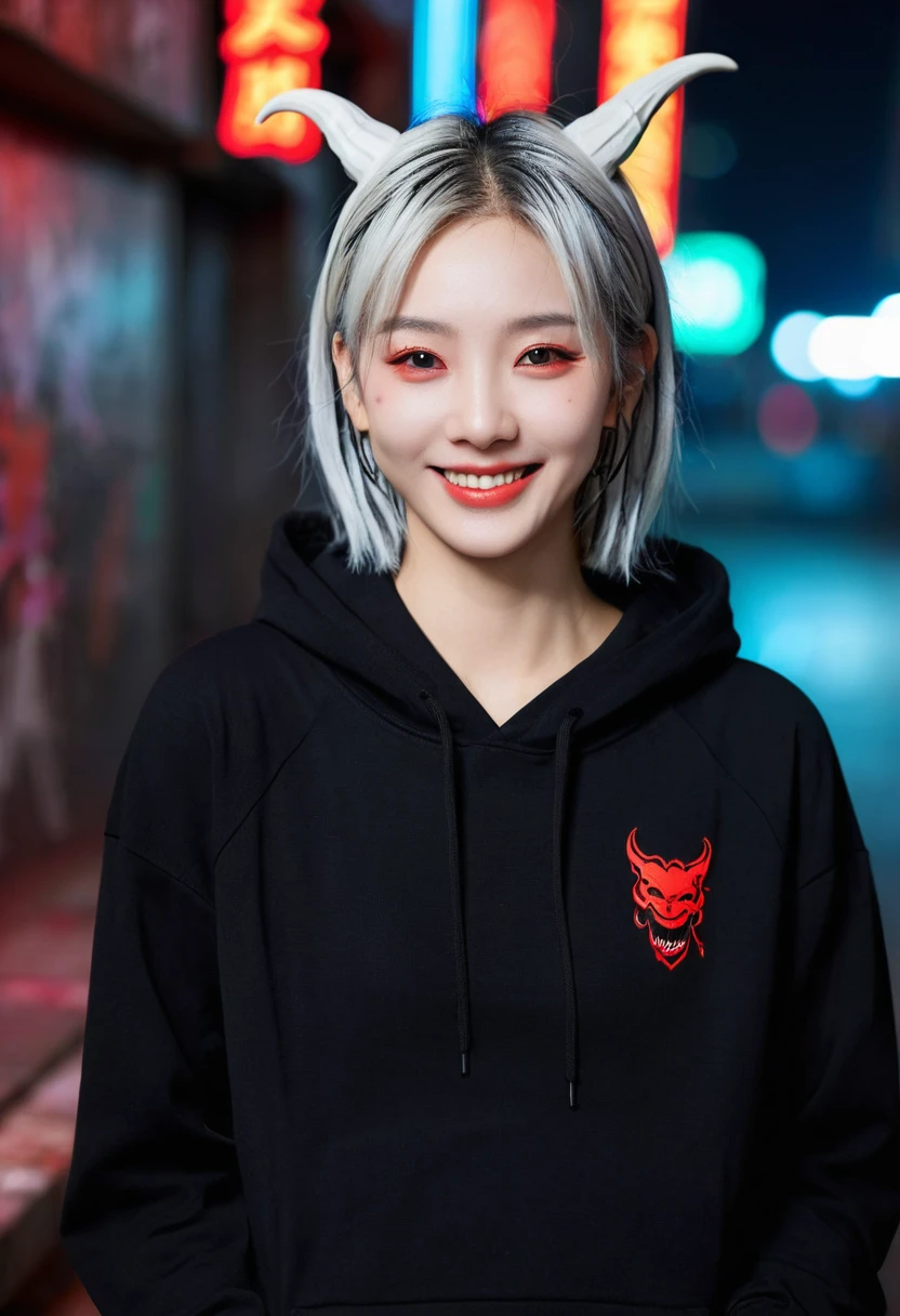 Detailed background, masterpiece, best quality, Smile, Qi Lingyu, Striped hair, Demon horn, White hair, Hammerhead, Red Eyes, Smile, hoodie, portrait, neon, Graffiti, dark, night, Glowing eyes, Black Light