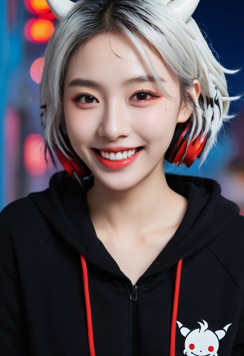 Detailed background, masterpiece, best quality, Smile, Qi Lingyu, Striped hair, Demon horn, White hair, Hammerhead, Red Eyes, Smile, hoodie, portrait, neon, Graffiti, dark, night, Glowing eyes, Black Light