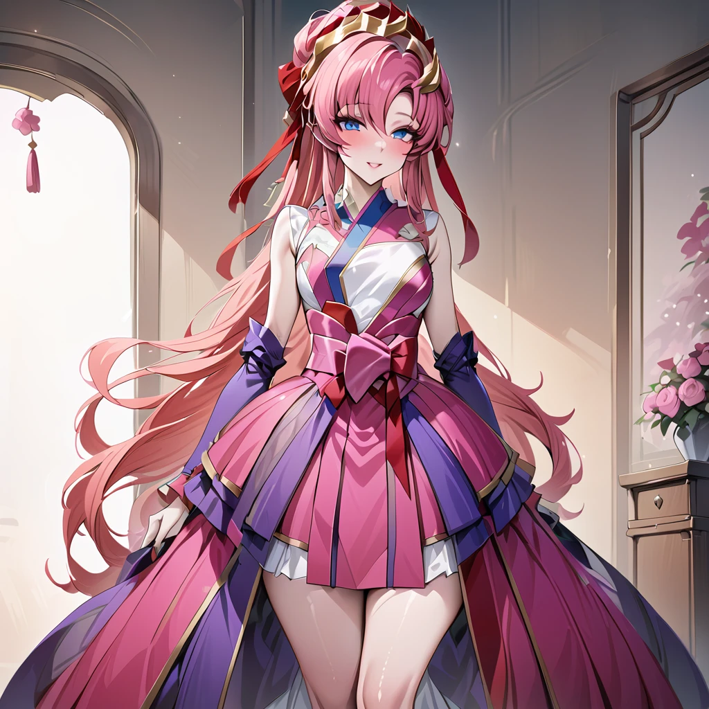 ((Highest quality)), ((masterpiece)), (detailed), （Perfect Face）、The Japanese courtesan woman is Lacus Clyne, with blue eyes, pink semi-long hair in a courtesan hairstyle, wearing a gorgeous courtesan outfit, and a gorgeous courtesan headdress.