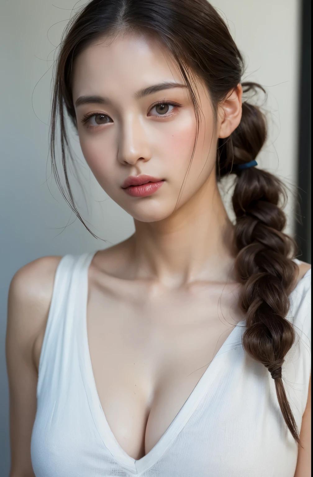 ((Highest quality, 8k, masterpiece :1.3)), One girl, Very fine skin、Dynamic Lighting、Close-up of face、Beautiful woman with slim abdominal muscles :1.3, (Random Hairstyles, Huge breasts :1.2), Casual clothing :1.2 Highly Detailed Faces, Fine grain, double eyelid、Japanese women