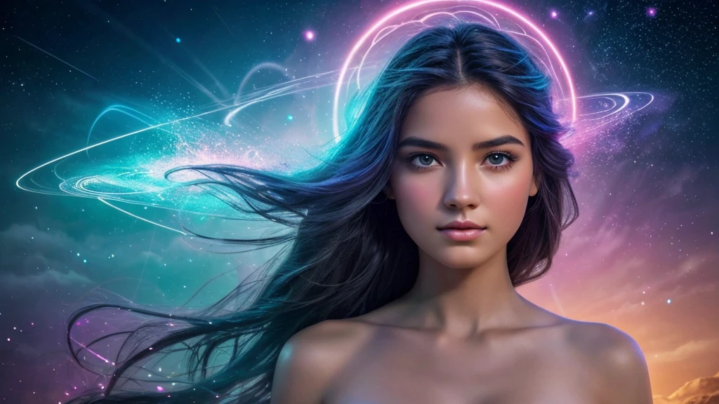 8.	A breathtaking, ultra-detailed and photorealistic portrait of a beautiful young woman with long, dark hair. Her expressive eyes are accentuated with subtle yet striking makeup, drawing the viewer into her captivating gaze. The woman is surrounded by an ethereal array of flowers, with her face as the focal point of the composition. In the foreground, a mesmerizing gradient flower unfolds, its petals transitioning from a soft, light yellow to a vibrant peach, accompanied by a harmonious blend of complementary hues. This central floral element serves as a visual anchor, bridging the gap between the portrait and the fantastical background. The scene unfolds on an alien world, with exotic, luminous planets hanging in the sky. The color palette is a delicate balance of soft, dreamy tones and bold, contrasting shades, creating a sense of otherworldly beauty. Shimmering, translucent petals float around the woman, catching and refracting light in mesmerizing patterns. In the background, swirling currents of cerulean matter dance and twist, reminiscent of nebulae or cosmic rivers. Glittering particles of stardust hang suspended in the air, casting a soft, magical glow over the entire scene. Bioluminescent alien flora dot the landscape, their gentle radiance adding depth and intrigue to the composition. The lighting is masterfully crafted, with a mix of soft, diffused light and sharp, directional beams that highlight key elements of the image. This interplay of light and shadow adds dimension and drama, enhancing the overall sense of magic and wonder. Delicate tendrils of energy or aether weave through the air, connecting the woman to her surreal surroundings. These ethereal strands pulse with a soft, rhythmic glow, suggesting a deep, mystical connection between the subject and the cosmos. The woman's expression is one of serene confidence, hinting at hidden knowledge or inner power. Her hair flows gracefully, intertwining with the surrounding flowers and cosmic energies