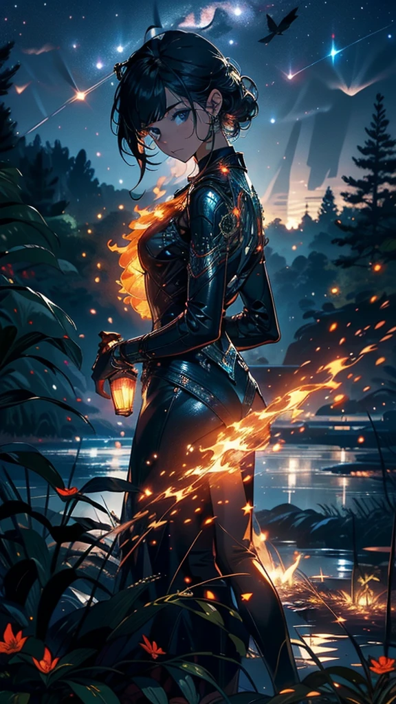 Master Parts, nice, landscape, (((no_Humanos))), night, flower, garden, Starry Sky, constellation, amazing, Overlooking, water, warm, comfortable, peaceful, meteor, Cosmic, magic, magic, details, fair, ((fire Fly))