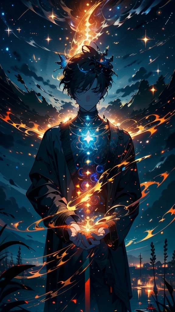 Master Parts, nice, landscape, (((no_Humanos))), night, flower, garden, Starry Sky, constellation, amazing, Overlooking, water, warm, comfortable, peaceful, meteor, Cosmic, magic, magic, details, fair, ((fire Fly))