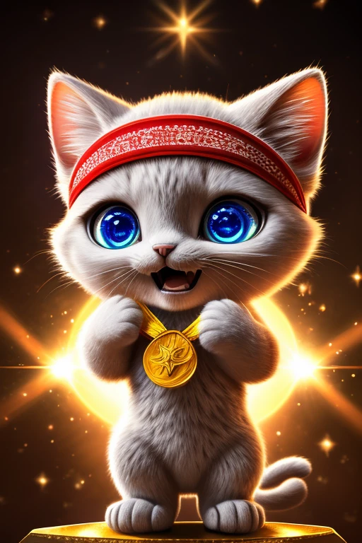(Highest quality、masterpiece、8k))、Anatomically correct、Very detailed、High resolution、Realistic、((Beautiful, sparkling, detailed eyes))、Intricate details、Cinematic lighting、((Dynamic composition))、kitten、Big head、Confetti、kittenが拳を天に向かって突き上げる、Guts pose、Expression of joy、gold medal、Everyone celebrates