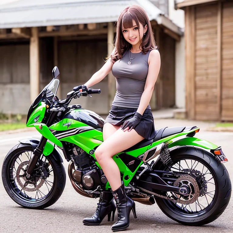 ((Ground vehicles, Mecha, motorcycle, on motorcycle, Vehicle Focus, Kawasaki、wheel))、1 girl,Bob Hair、Brown Hair、Medium breast、smile、In front of the garage、Detailed Background、Tank top、Mini skirt with slit、boots、Gloves、Anatomically correct arms and legasterpiece:1.37、Raw photo、Highest quality、
