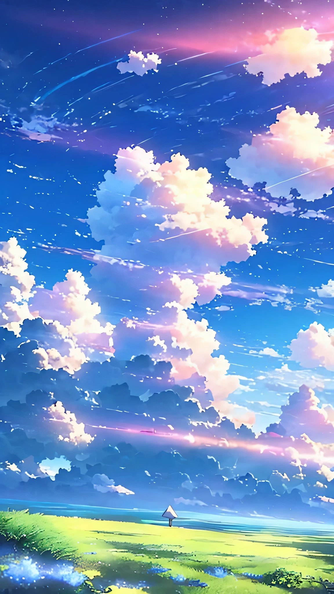A single figure floats serenely in a vast, vivid blue sky filled with enormous, highly detailed cumulus clouds. The scene captures an ethereal moment, with the individual seemingly suspended in mid-air, surrounded by layers of fluffy white and blue clouds that create a sense of depth and movement. Sunlight filters through the clouds, casting gentle shadows and illuminating the various shades of blue and white, adding a dreamlike quality to the image. The overall atmosphere conveys a sense of tranquility, freedom, and wonder, as if the person is drifting through a boundless, heavenly expanse.