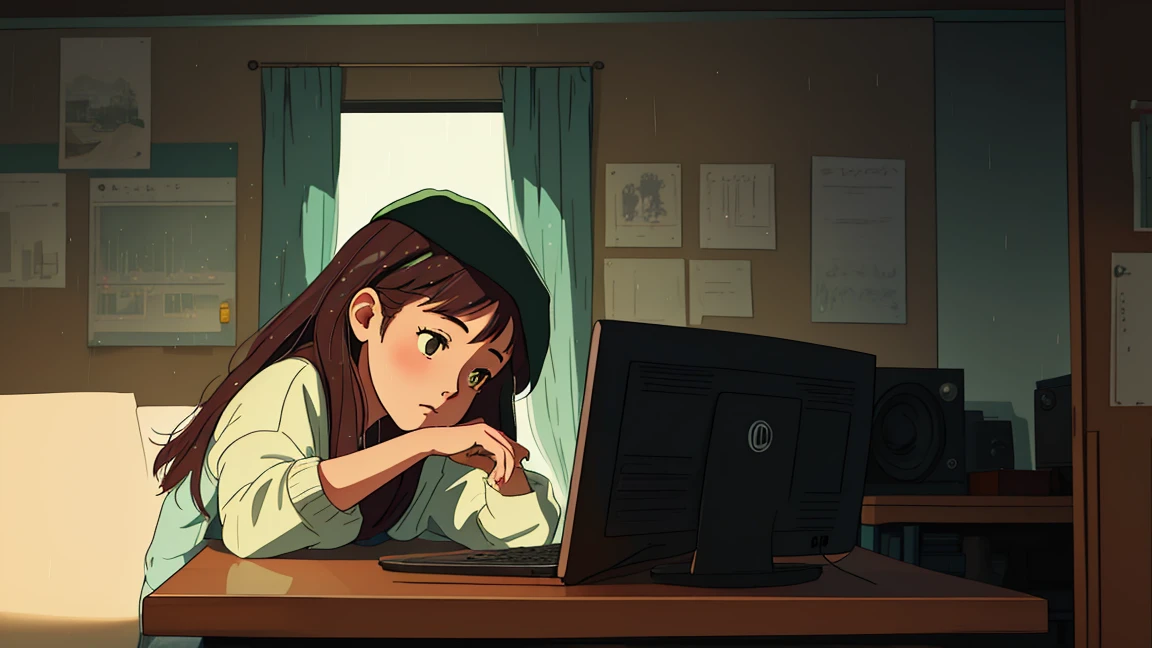 a girl in lofi style at a table with a computer facing a window studying, it&#39;s raining, It&#39;s 5 o&#39;clock in the morning, a mug of coffee next to the computer, she is wearing warm clothes in cold weather, socks and cold cap, a cute cat next to her while she studies, relaxing environment , yellow lights, calm and great environment for studying, calm and peaceful rain, lofi girl style, night ligthning, tons of cores with twilight, do Studio Ghibli