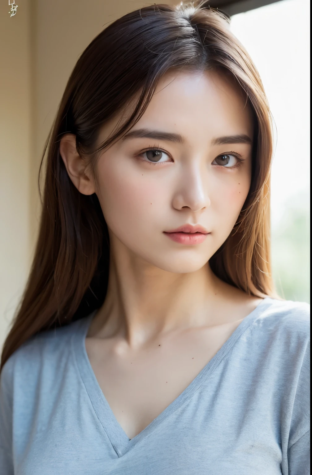 ((Highest quality, 8k, masterpiece :1.3)), One girl, Very fine skin、Dynamic Lighting、Close-up of face、Beautiful woman with slim abdominal muscles :1.3, (Random Hairstyles, Huge breasts :1.2), Casual clothing :1.2 Highly Detailed Faces, Fine grain, double eyelid、Japanese women