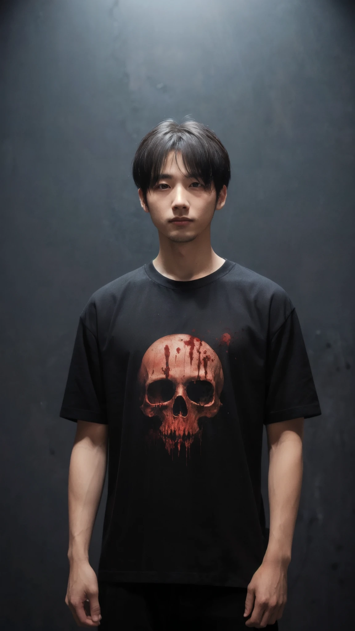 masterpiece,(masterpiece, Top quality, best quality,A 25-year-old boy stands,,Short sleeve,Keep,, short hair,黑色short hair 蓝色Short sleeve, permanent, Looking at the audience,, Blood, Shut up, fear (theme),Simple background,Solid color background,中式fear,Light background