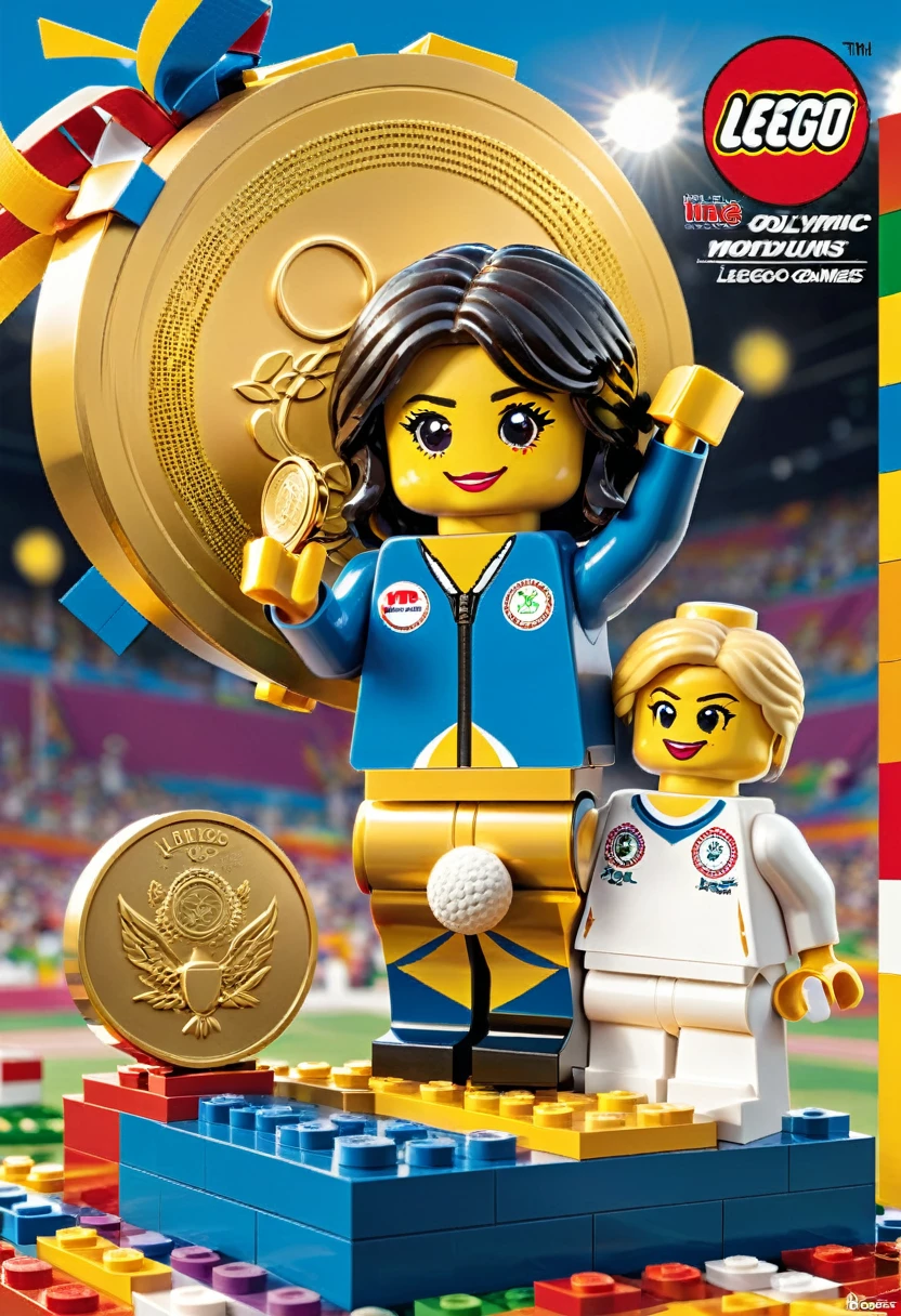 Magazine cover,best quality, very good, 16K, ridiculous, Very detailed, ((,Award-winning moments, Olympic Games, Podium, gold medal)) Award-Winning Moment,Made of Lego,