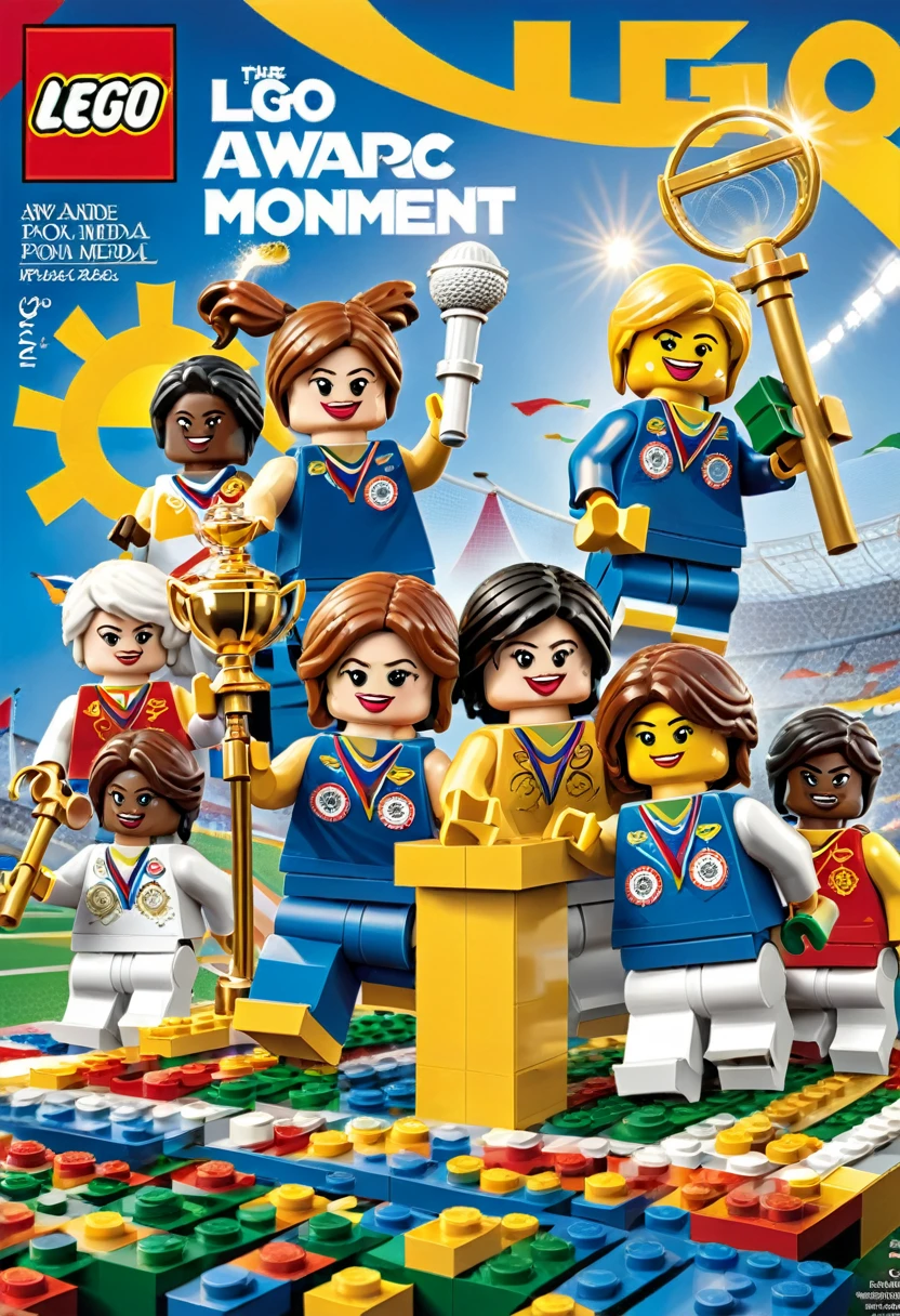 Magazine cover，best quality, very good, 16K, ridiculous, Very detailed, （（,Award-winning moments, Olympic Games, Podium, gold medal）） Award-Winning Moment，Made of Lego,