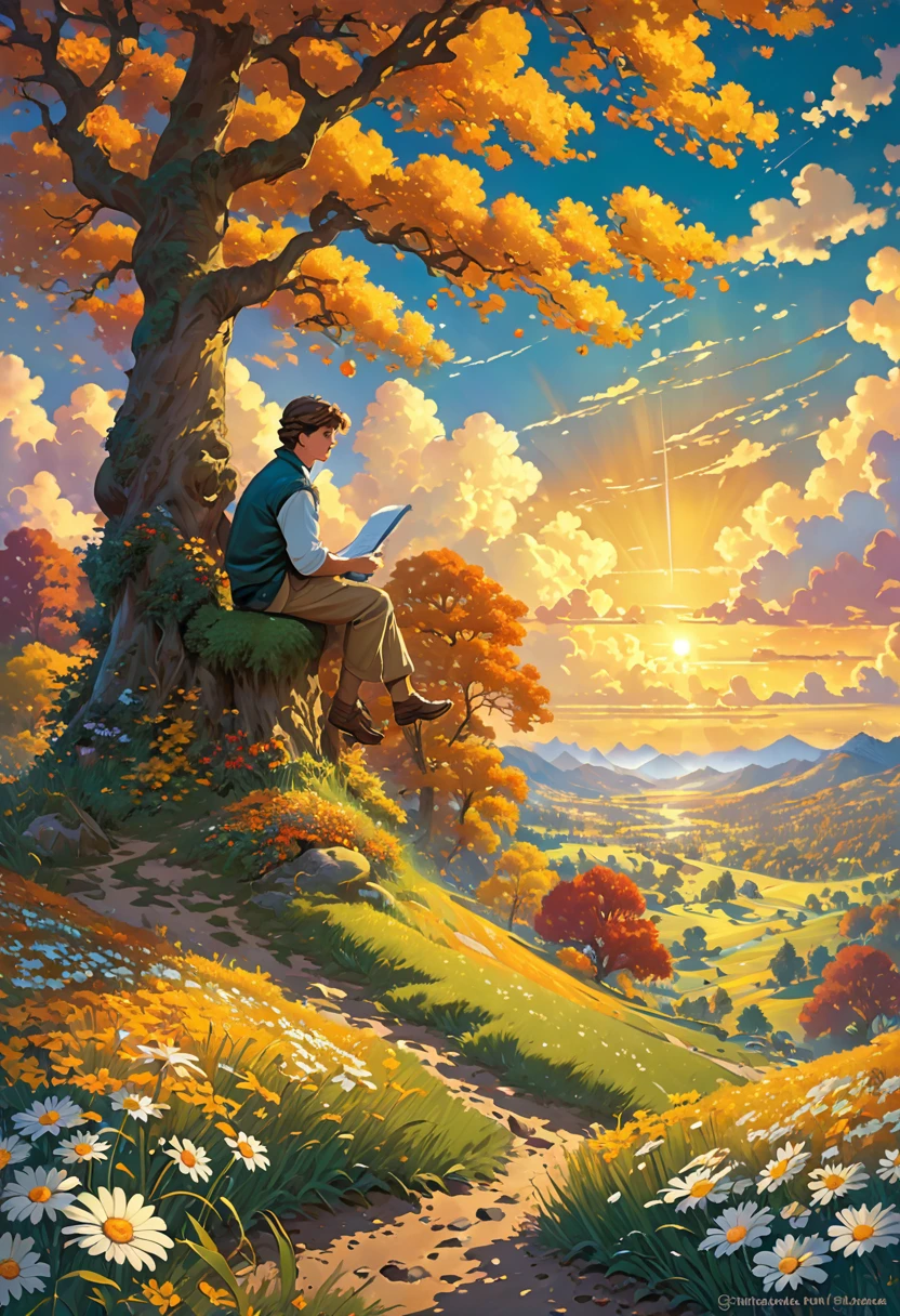 anime masterpiece: Create an image of a watchman, detailed anime style. The scene is a boy sitting next to a tree in an autumn meadow., looking at a vast golden sky with white clouds, an incredible sunset, tall green grass, daisy flowers, ULTRA Style Kilian Eng and Thomas Kinkade, Rob Gonsalves y Tim White. , silvain sarriel. Rhads y Thomas Kinkade, inspirado en Rhads, cyril rolando and m.I'm confused, cyril rolando and m. I'm confused, Rhads!!!