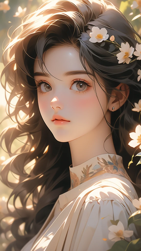 a person covered with some flowers with the sun shining on her face, 1girl, solo, dappled sunlight, flower, parted lips, sunlight, portrait
