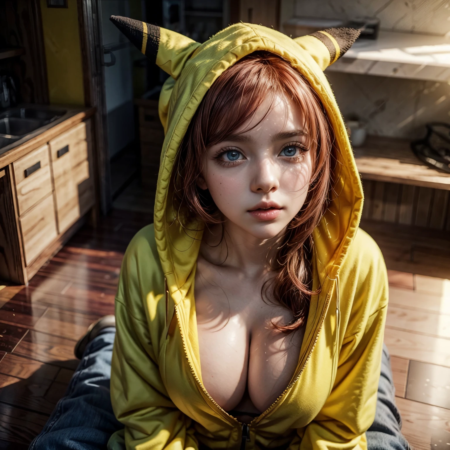 (awaitingtongue-sd-v1-800:1.1), a beautiful Pink  hair gamer girl,beautiful detailed Blue eyes,beautiful detailed lips,extremely detailed eyes and face,longeyelashes,in a ((Pikachu Yellow hoodie)),leaning into the camera,(Professional photo from above:1.37), Huge breasts (Overflowing Gigantic cleavage:1.28) down blouse, awaitingtongue, (perfect lighting )