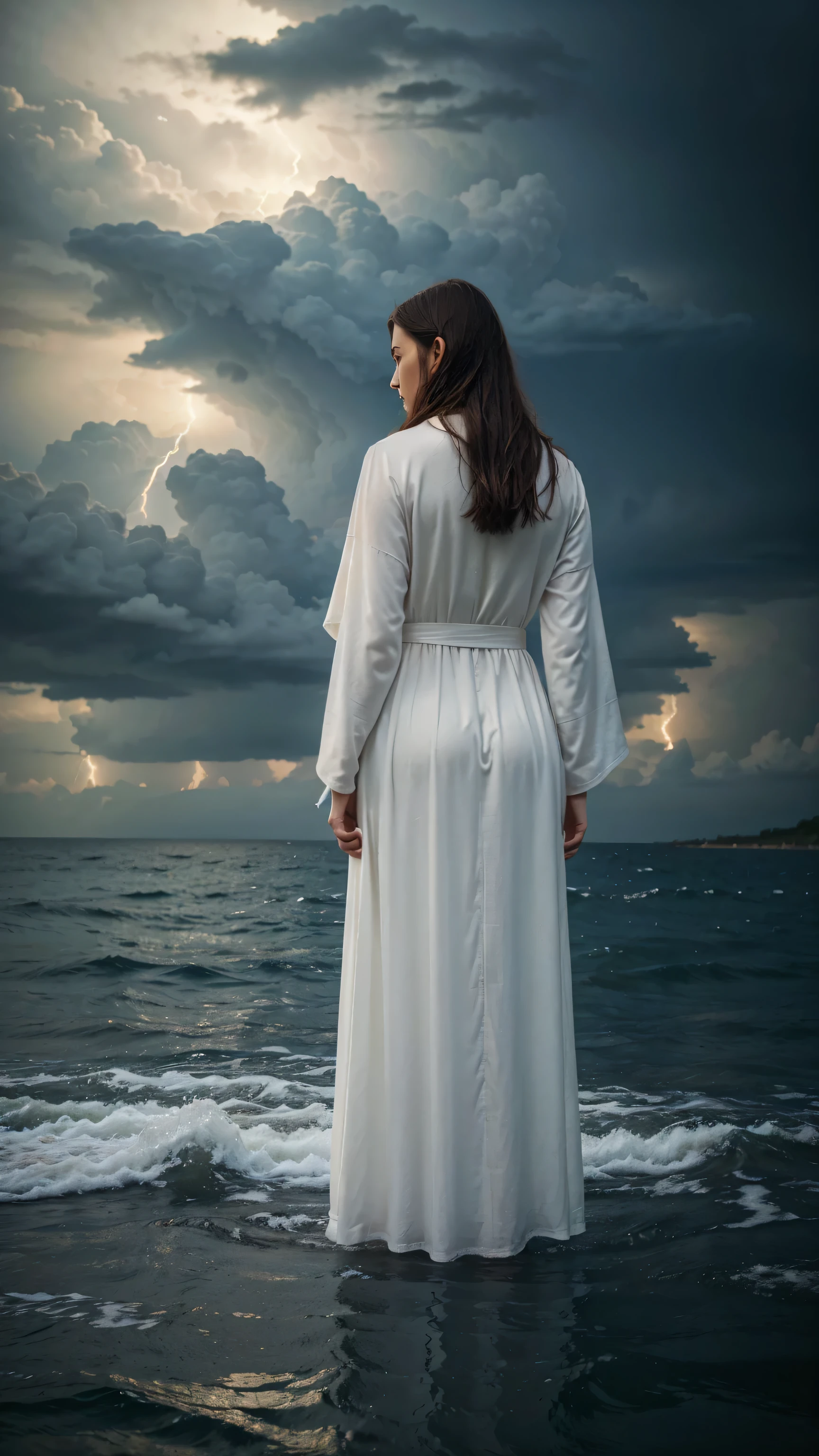 Jesus, clothed in a great white robe, sits above the raging sea. The sky is covered with dark clouds.
Full body back view,back view,
Hyper-realistic photography, gentle soft natural lightning, real photo,Cinematic style,realistic environment,low contrast, 32k resolution , highly detailed, realistic dress.Full body back view,back view,
Hyper-realistic photography, gentle soft natural lightning, real photo,Cinematic style,realistic environment,low contrast, 32k resolution , highly detailed, realistic dress. Ultrarealistic water, hills