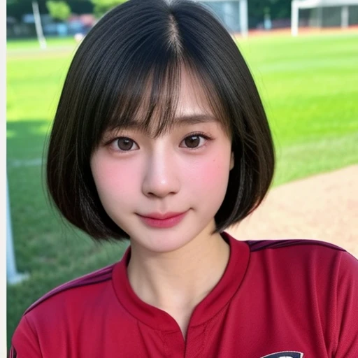NSFW, (kawaii 18 year-old Japanese girl, Nogizaka idol, Korean idol, highschool student), healthy female athlete body, (glossy black hair, short hair, pixie cut, bangs:1.3), (rounded face, beautiful black eyes, single eyelid, no makeup, embarrassed, noseblush:1.2), (wearing soccer jersey:1.3), extra small breasts, BREAK, (park background, turf, summer daytime, warm sunlight from forward), (dynamic angle, bust shot), BREAK, (masterpiece, best quality, photo realistic, official art:1.4), (UHD, 8K quality wallpaper, high resolution, raw photo, golden ratio:1.3), (shiny skin), professional lighting, physically based rendering, award winning, (highly detailed skin, extremely detailed face and eyes), Carl Zeiss 85 mm F/1.4, depth of field, 1girl, solo,