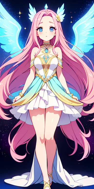 Full body, beautiful eyes , 1 girl , full body , cute girl , anime style , cute eyes , (standing up) , (Lyria is a graceful and elegant woman in her early thirties with an ethereal beauty that seems almost otherworldly. She has long, flowing pink hair adorned with flowers and delicate, shimmering wings that glisten in the sunlight. Her attire is a flowing, pastel-colored dress that looks as though it is woven from flower petals and stardust, accentuated with sparkling accessories. ) , teenage girl