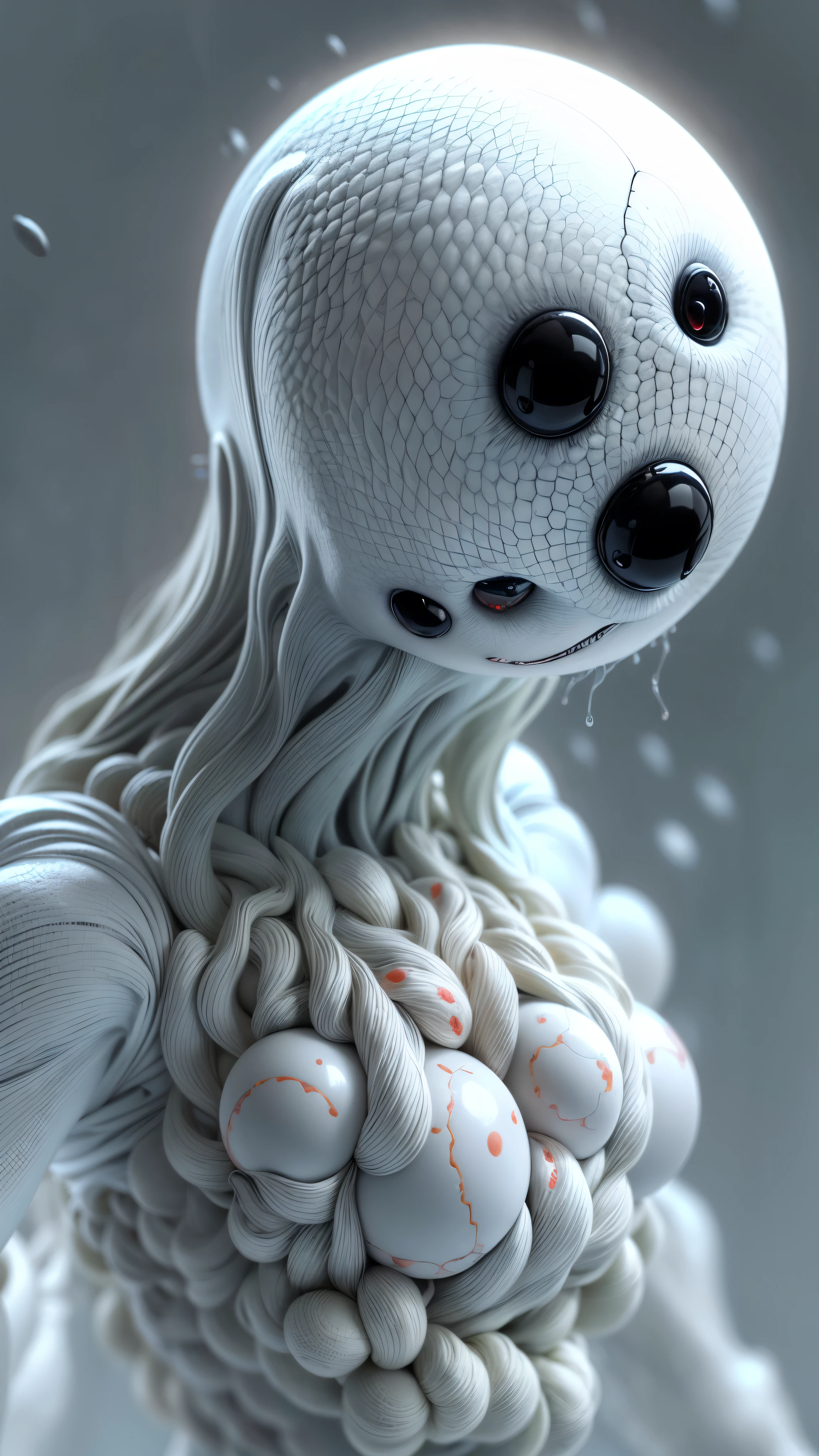 a faceless humanoid creature, no face no nose no eyes no mouth, strange and mysterious creature, black balls floating around the character, creature floating off the ground, white smooth skin, (best quality, 4k, 8k, highres, masterpiece:1.2), ultra-detailed, (realistic, photorealistic, photo-realistic:1.37), dynamic pose, dynamic point of view, overview shot